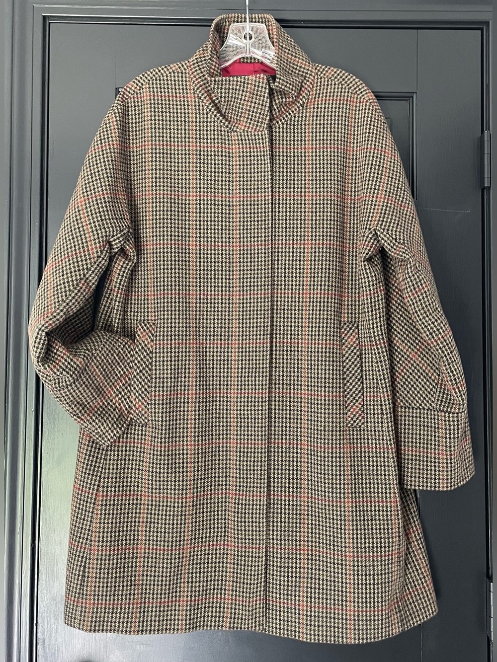Kristen Blake Brown Houndstooth Pea Coat with Red Windowpane